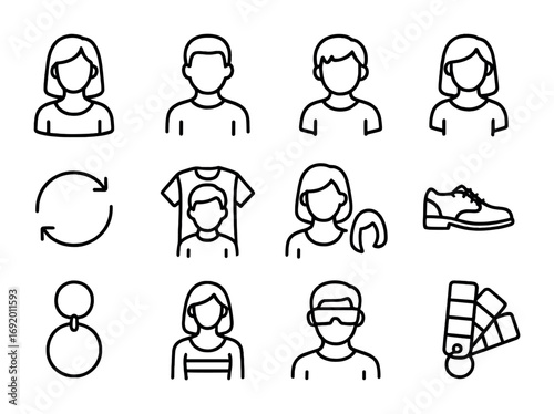 Fashion Avatar Icons. Outline icon set of fashion avatars: female avatar, male avatar, kid avatar, pose change