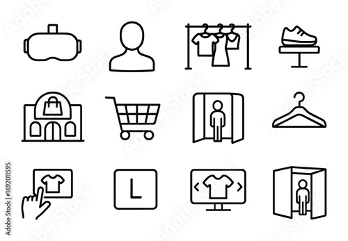 VR Shopping Icons. Outline icon set of VR shopping: VR headset, avatar mannequin, clothing rack, shoe stand,