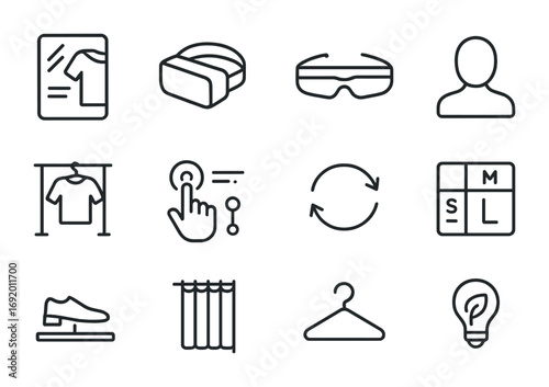Futuristic Fitting Icons. Outline icon set of futuristic fitting rooms: smart mirror, VR headset, AR glasses,