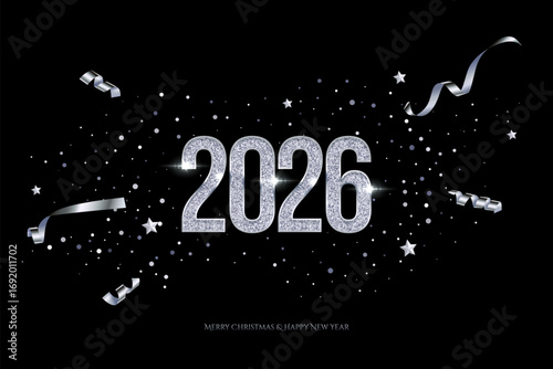 2026 Happy New Year greeting card vector background. 2026 silver numbers with confetti and congratulation text on black. Luxury festive sparkle holiday postcard, invitation, banner for social media