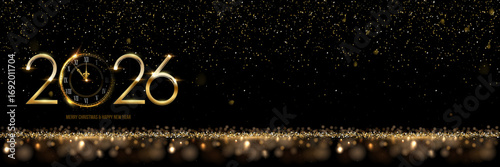 2026 Happy New Year greeting card vector background. 2026 golden numbers with clock countdown, falling confetti and glow light effects. Luxury festive sparkle holiday postcard, invitation, banner.