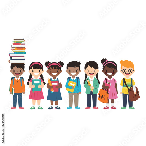 Diverse group of happy young children with backpacks and books ready for school adventures