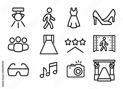 Interactive Runway Icons. Outline icon set of interactive runways: spotlight, avatar walking, dress overlay,