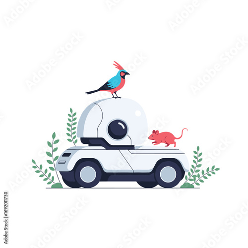 A small robot vehicle carries a bird and a mouse through a field of greenery