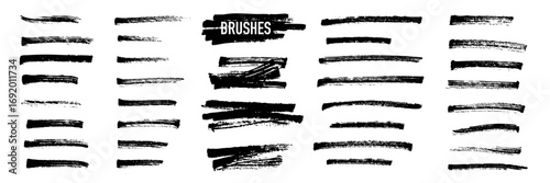 Black highlight marker lines isolated on white background. Various marker pen strokes with different length and thickness hand drawn set. Realistic vector graphic modern design elements.