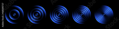 Sound wave rings. Glowing neon blue wifi, wireless network, signal circles with futuristic motion ripple effect isolated on black background. Tech abstract vector illustration.