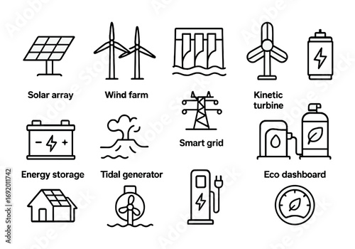 Renewable Energy Icons. Outline icon set of renewable energy hubs: solar array, wind farm, hydro dam, kinetic