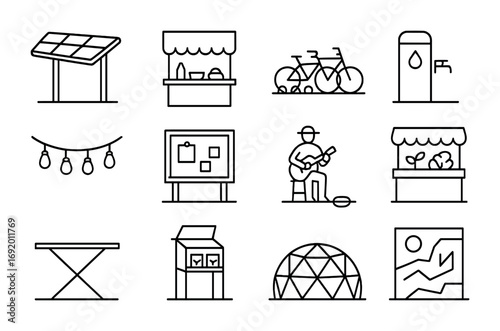 Futuristic Market Icons. Outline icon set of futuristic markets: solar canopy, food stall, bicycle rack, water