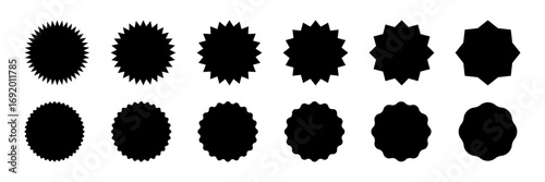 Black circle stickers set. Badge, seal silhouettes. Set of circular shapes with zigzag, wavy, and starburst edges. Blank labels for stamps, awards, logos. Graphic vector illustration.