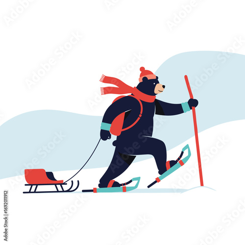 Cute bear snowshoeing with sled in snowy landscape illustration