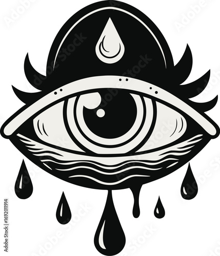 Black and White Tattoo- Style Illustration of a Crying Eye with a Droplet on Top and Dripping Tears style vector illustration EPS file download