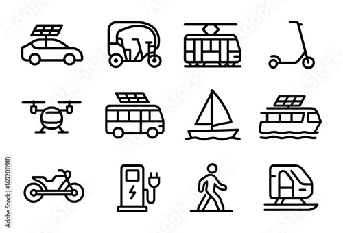 Solar Mobility Icons. Outline icon set of solar mobility fleet: solar car, bicycle taxi, tram, e-scooter,
