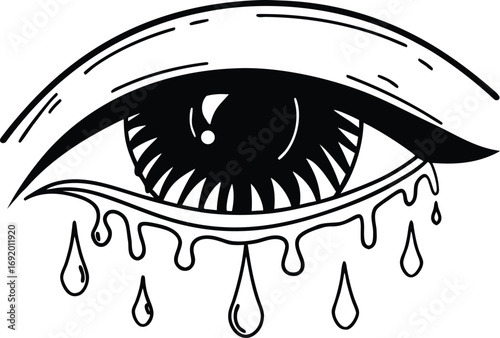Black and White Illustration of a Crying Eye with Dripping Tears on a White Background style vector illustration EPS file download