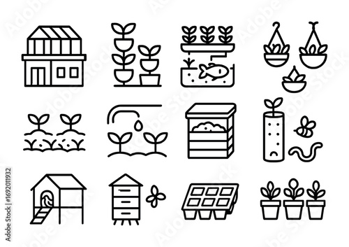 Solarpunk Farming Icons. Outline icon set of solarpunk urban farming: rooftop greenhouse, vertical planter,