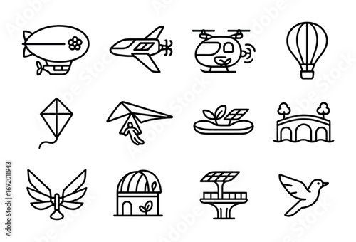 Solarpunk Sky Transport Icons. Outline icon set of solarpunk sky transport: airship, solar glider, drone taxi,