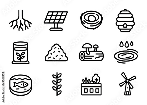 Solarpunk Symbiosis Icons. Outline icon set of solarpunk symbiosis: tree roots, solar panel, bird nest, bee