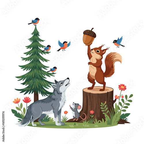 A woodland gathering of animals sharing nature's bounty under a pine tree