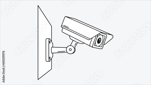 Vector line art illustration of a CCTV security camera. A simple black and white drawing representing concepts of surveillance, safety, and monitoring technology