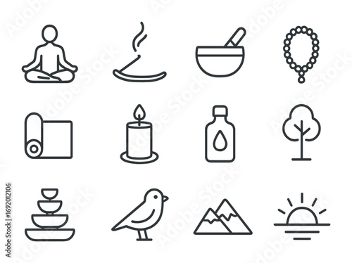 Meditation Icon Set. Outline icon set of meditation and calm: lotus pose, incense, singing bowl, yoga mat,
