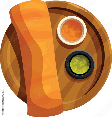 Crispy, thin dosa served on a wooden tray, accompanied by sambar and chutney, creating a vibrant south indian culinary scene