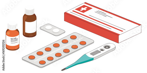 Create a high-resolution, realistic image of assorted medical supplies laid out on a clean white surface. Include amber pill bottles with white caps and visible white tablets inside, realistic blister
