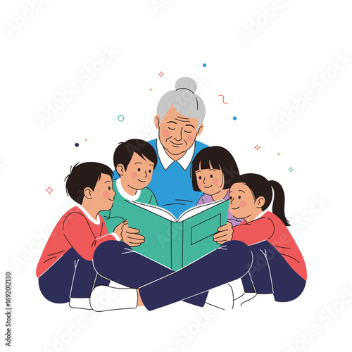 Grandmother reads a colorful storybook to her grandchildren surrounding her happily