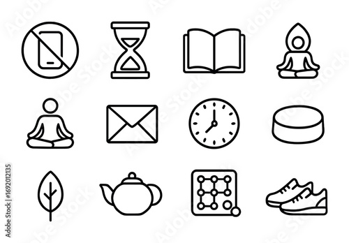 Phone-Free Zone Icons. Outline icon set of phone-free zone: no phone sign, sand timer, book, yoga pose, paper