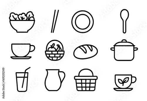 Mindful Eating Icons. Outline icon set of mindful eating: salad bowl, chopsticks, ceramic plate, wooden spoon,