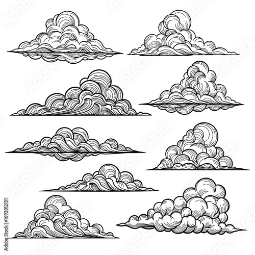 Hand drawn set of various cumulus cloud illustrations in sketch style