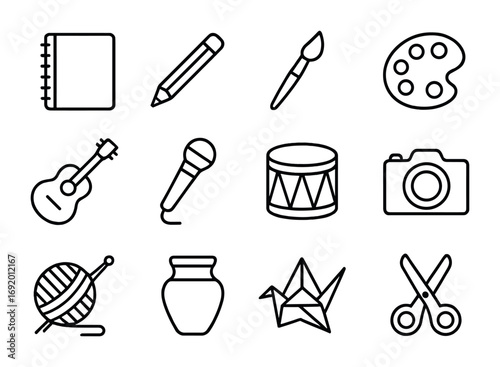 Analog Creativity Icons. Outline icon set of analog creativity: sketchbook, pencil, paintbrush, palette,