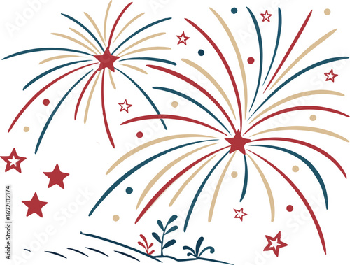 Festive Red, White, and Blue Fireworks Display with Stars and Foliage style vector illustration EPS file download