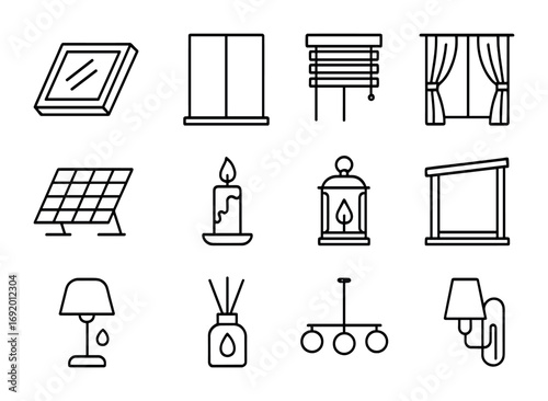 Natural Lighting Icons. Outline icon set of natural lighting: skylight, floor-to-ceiling window, bamboo blinds