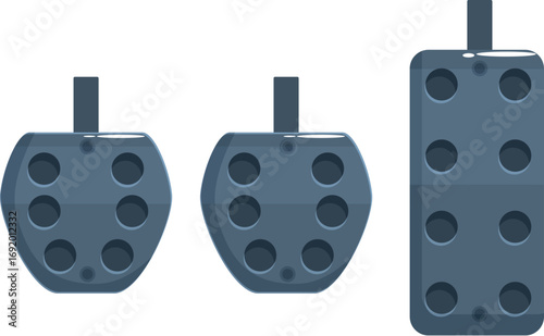 Car pedals showing brake, clutch and accelerator pedals, isolated on white background