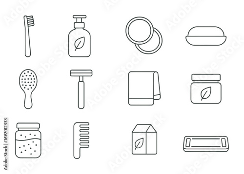 Eco Bathroom Icons. Outline icon set of eco-friendly bathroom products: bamboo toothbrush, refill bottle,
