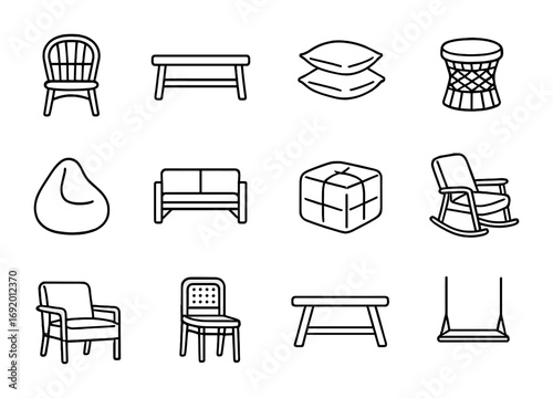 Sustainable Seating Icons. Outline icon set of sustainable seating: rattan chair, wooden bench, floor cushions