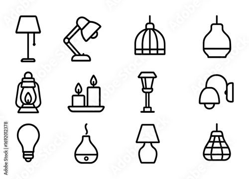 Cozy Eco Lighting Icons. Outline icon set of cozy eco lighting: floor lamp, desk lamp, bamboo pendant, ceramic