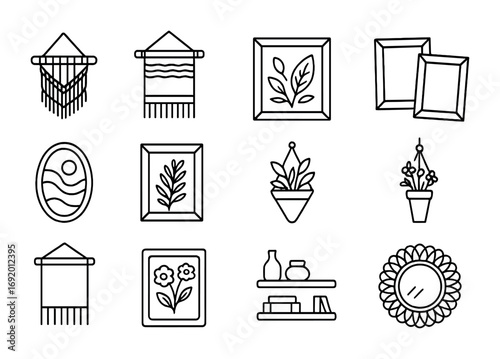 Natural Wall Decor Icons. Outline icon set of natural wall decor: macrame, woven tapestry, framed leaves,
