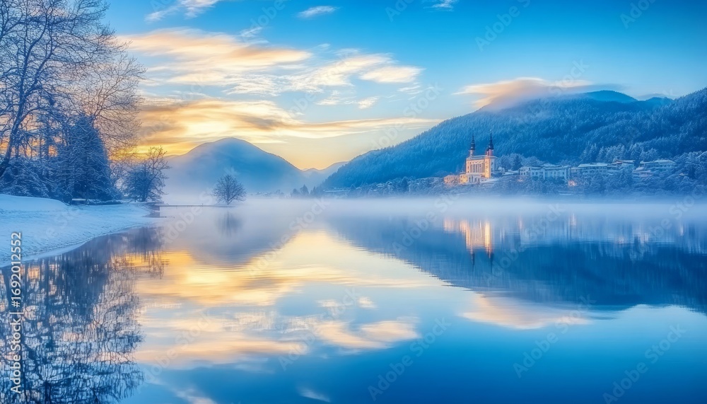 Fototapeta premium Stunning winter landscape with serene alpine lake reflecting mountains and colorful sunrise sky