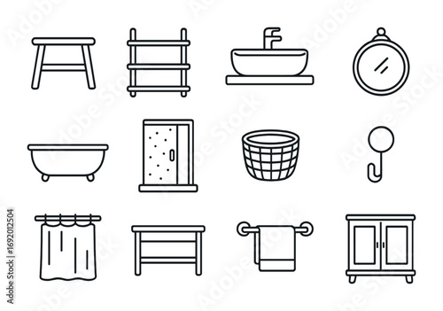 Eco Bathroom Icon Set. Outline icon set of eco bathroom furniture: bamboo stool, wooden shelves, ceramic sink,