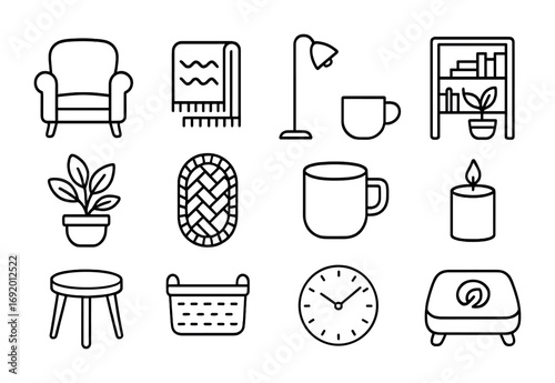 Eco Reading Corner Icons. Outline icon set of eco reading corner: armchair, wool blanket, floor lamp,