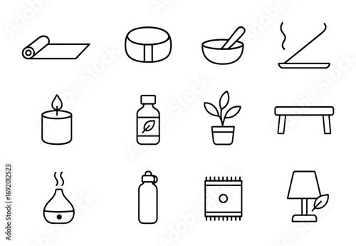 Minimalist Wellness Icons. Outline icon set of minimalist wellness corner: yoga mat, meditation cushion,
