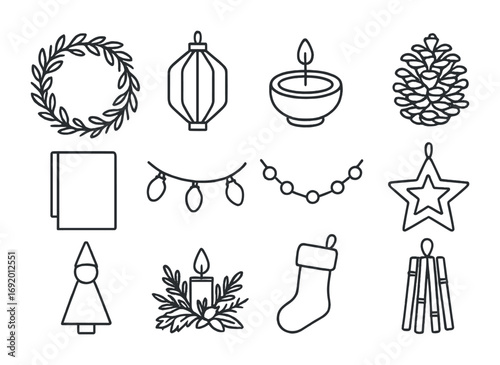 Eco-Friendly Decor Icons. Outline icon set of eco-friendly festive decor: dried wreath, paper lantern, clay