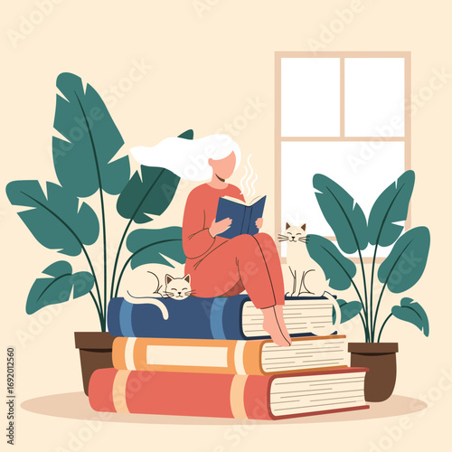 Cozy illustration of a woman reading a book on a stack of books with her cats