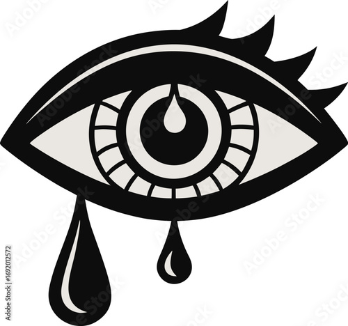 Stylized Black and White Eye with Tears Dripping Down on White Background crying sadness style vector illustration EPS file download
