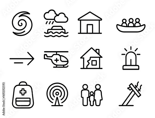 Hurricane Icon Set. Outline icon set of Hurricane migration: cyclone icon, flooded street, storm shelter,