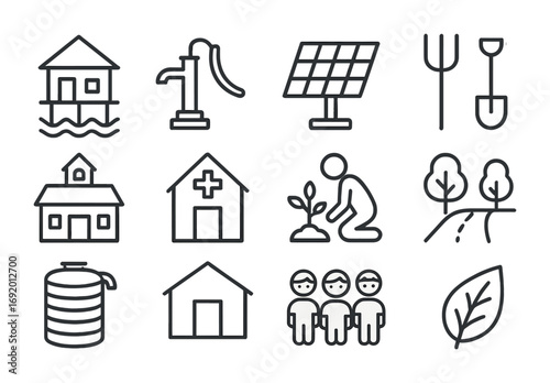 Climate Adaptation Icons. Outline icon set of Climate adaptation migration: elevated houses, water pump, solar