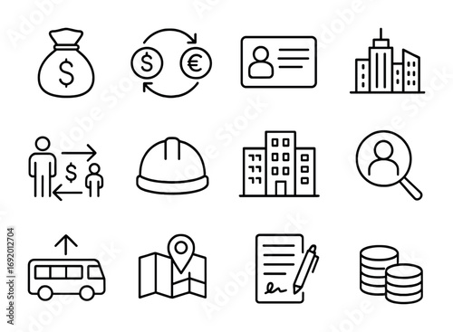 Economic Migration Icons. Outline icon set of Economic climate migration: money bag, currency transfer, work