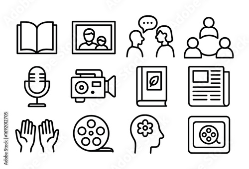 Migration Story Icons. Outline icon set of Storytelling migration: book, family photo, oral history icon,