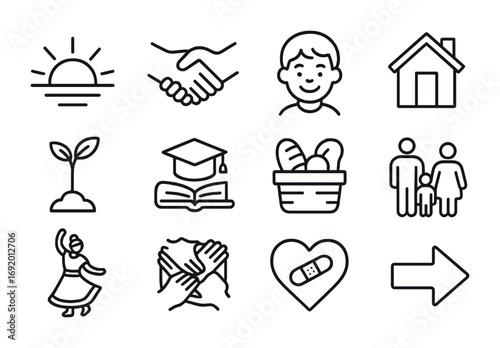 Migration Hope Icons. Outline icon set of Hope and resilience in migration: sunrise, handshake, child smiling,