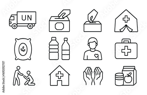 Humanitarian Aid Icons. Outline icon set of Humanitarian aid migration: UN truck, red cross, donation box,
